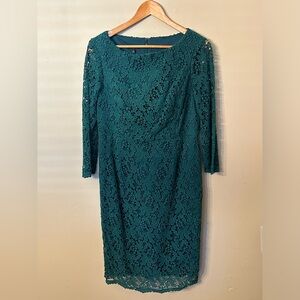 Talbots Dazzling Emerald Green Dress w/Lacy Overlay Midi Length Great Condition